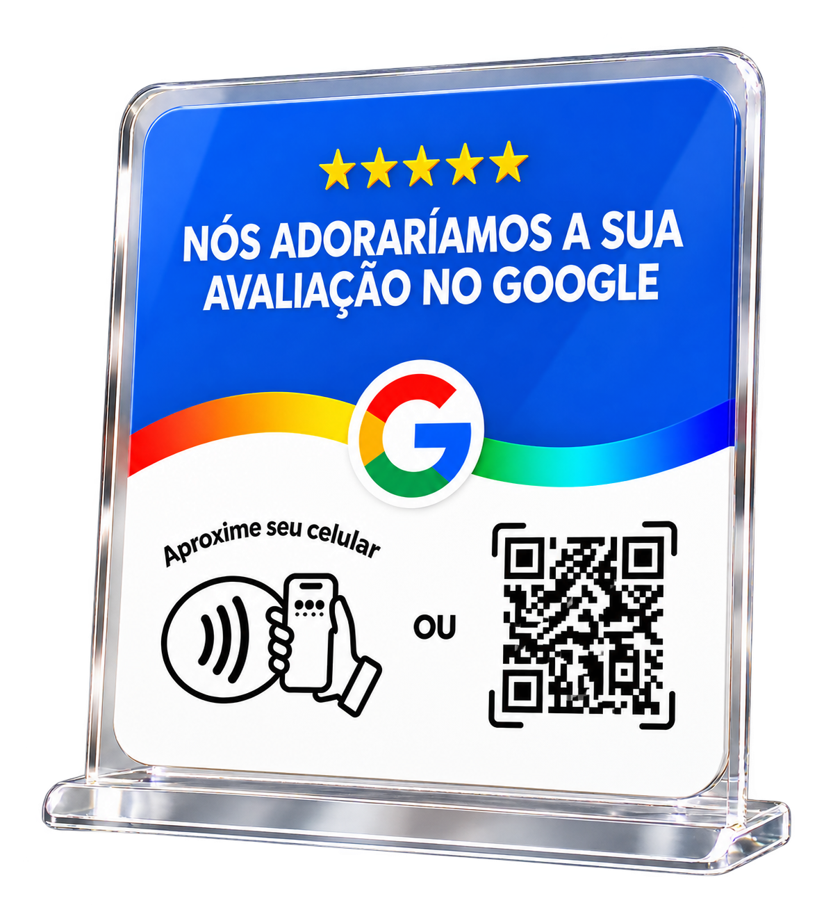 Placa azul no suporte de acrílico sobre o balcão